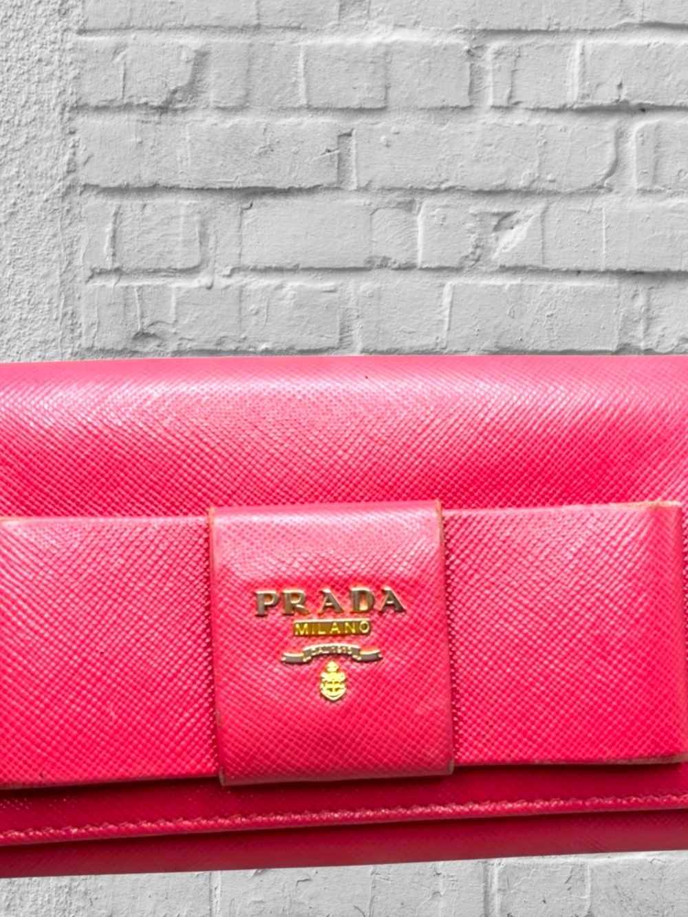 Authentic Prada Pink Saffiano Bow Continental Wallet Leather Made in Italy